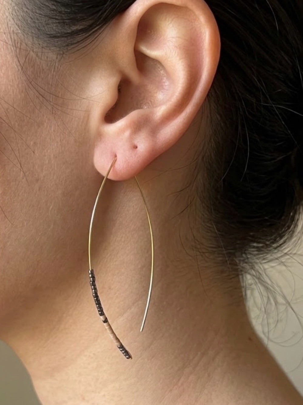Delicate Gold Threader Hoop Earrings with Brown Bead Accent